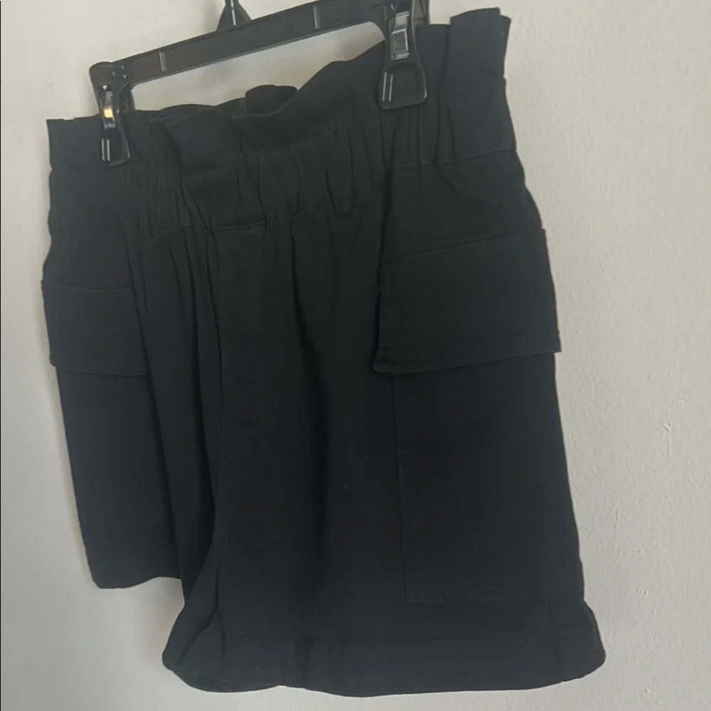 Kendall & Kylie Black Cotton Blend Cargo Shorts with Relaxed Fit Paper Bag Waist